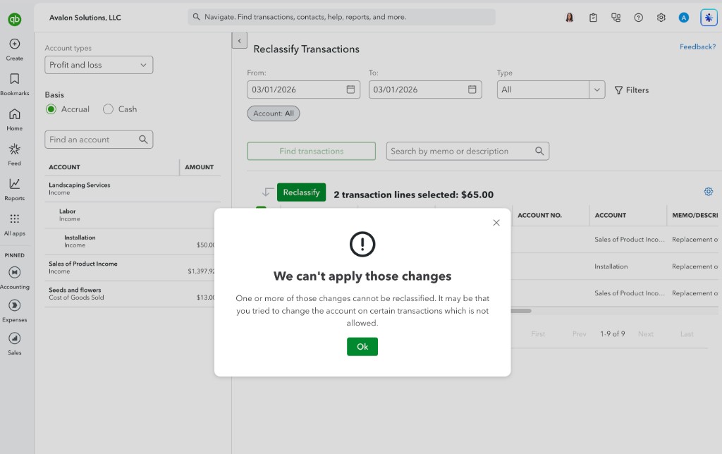 QuickBooks dialog: We can't apply those changes. The selected invoice lines cannot be reclassified to a different account.