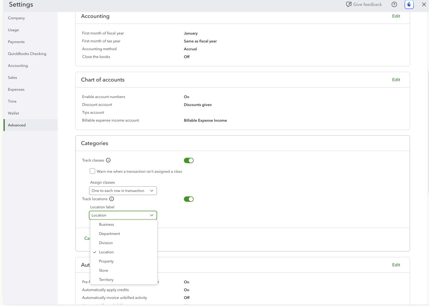 QuickBooks Online Location label dropdown showing Business, Department, Division, Location, Property, Store, and Territory