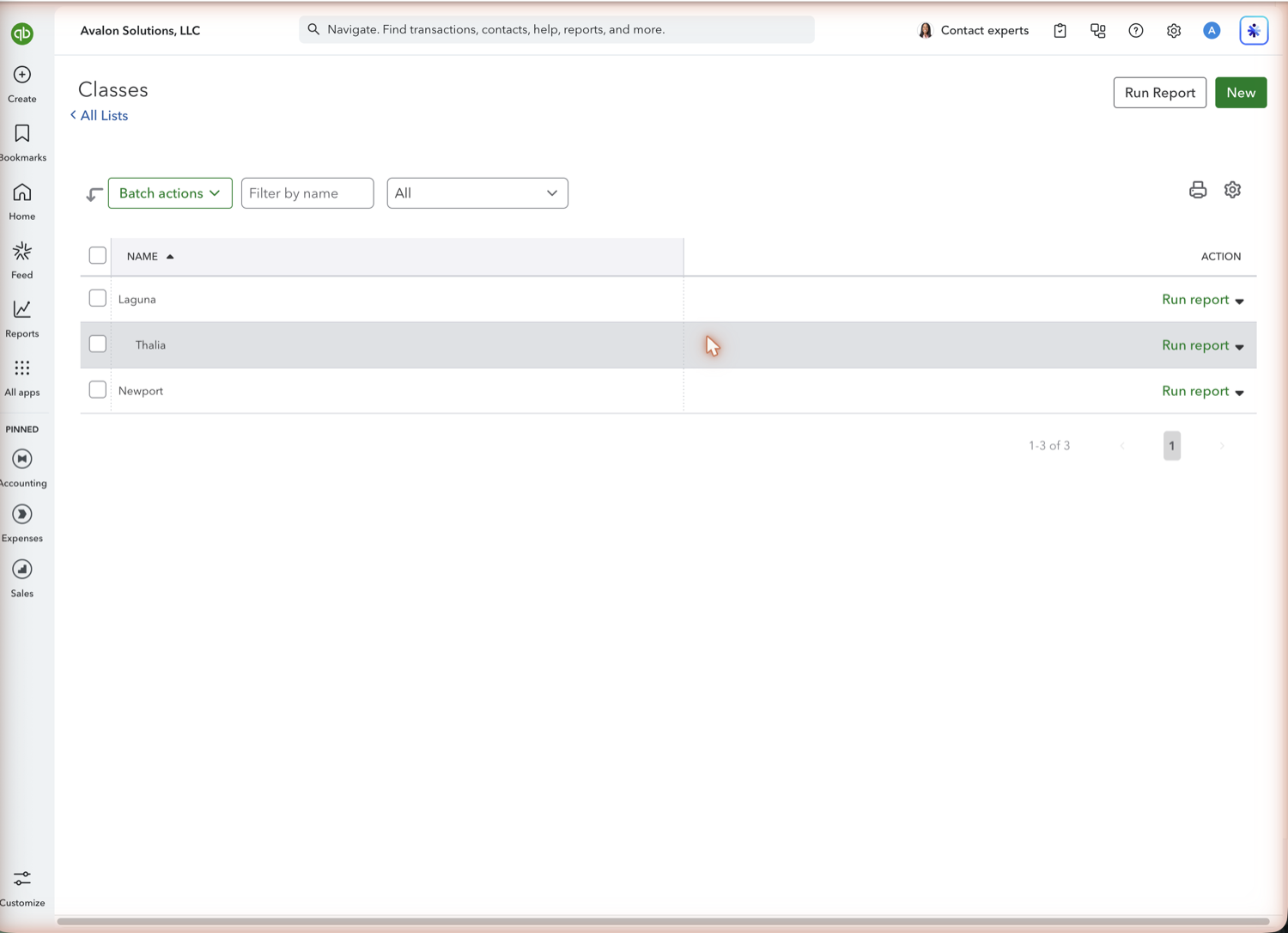 QuickBooks Online Classes list with the class names and a Run report action per class