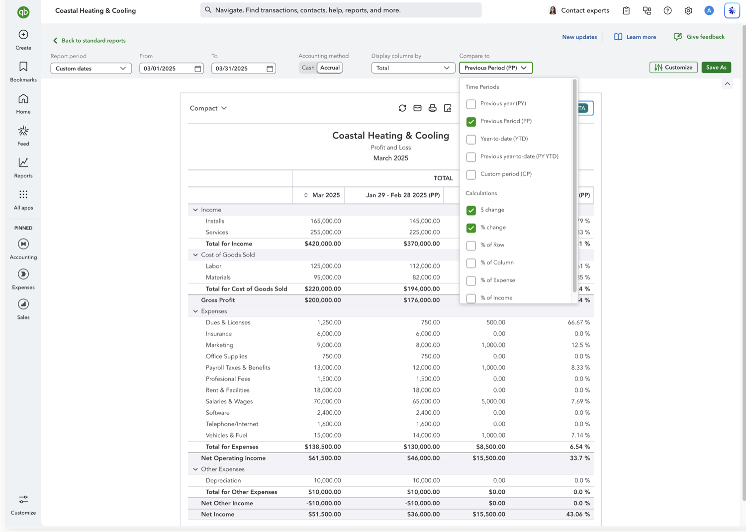 QuickBooks Online Compare to dropdown with Previous Period enabled