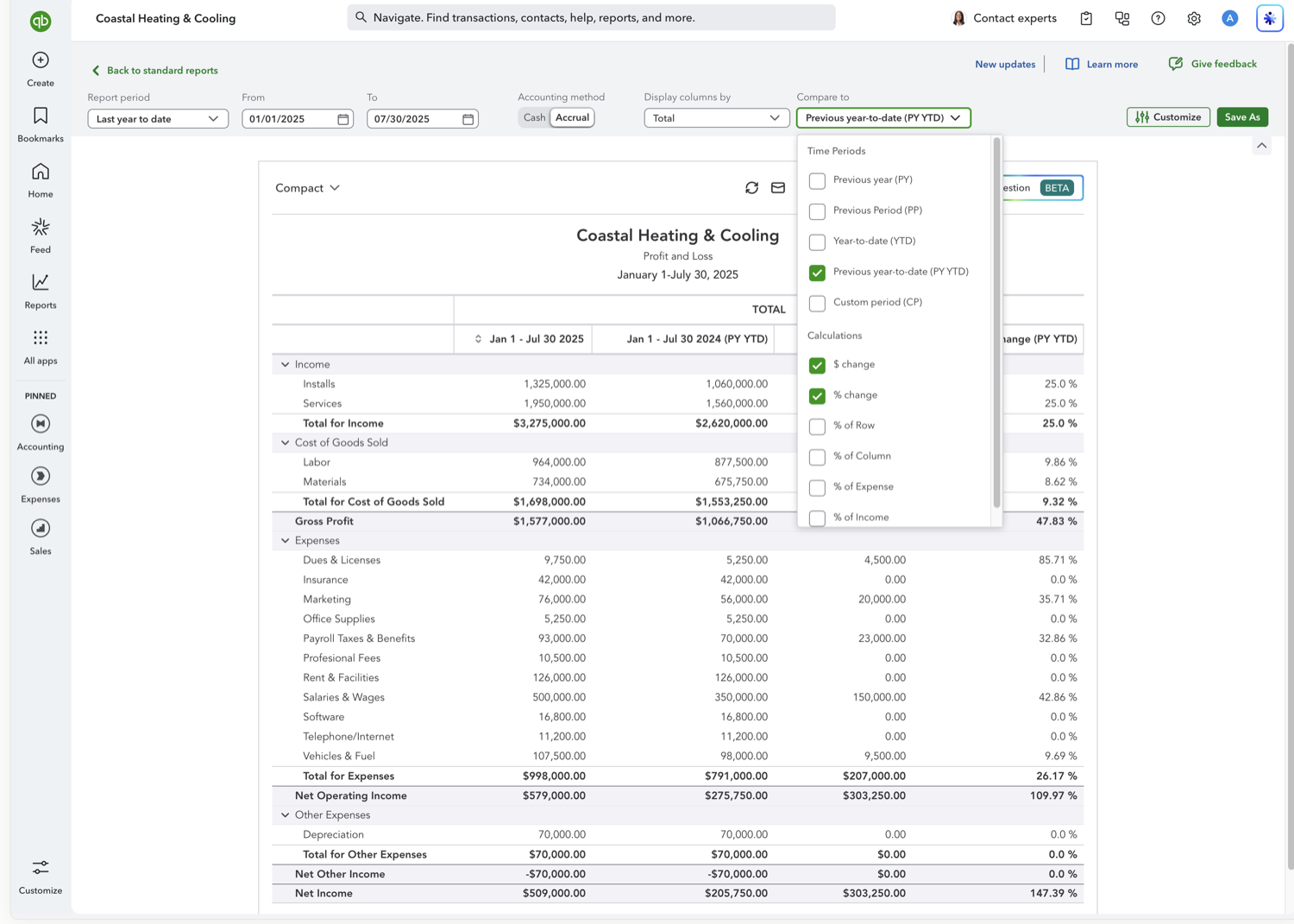 QuickBooks Online Compare to dropdown with Previous year-to-date enabled