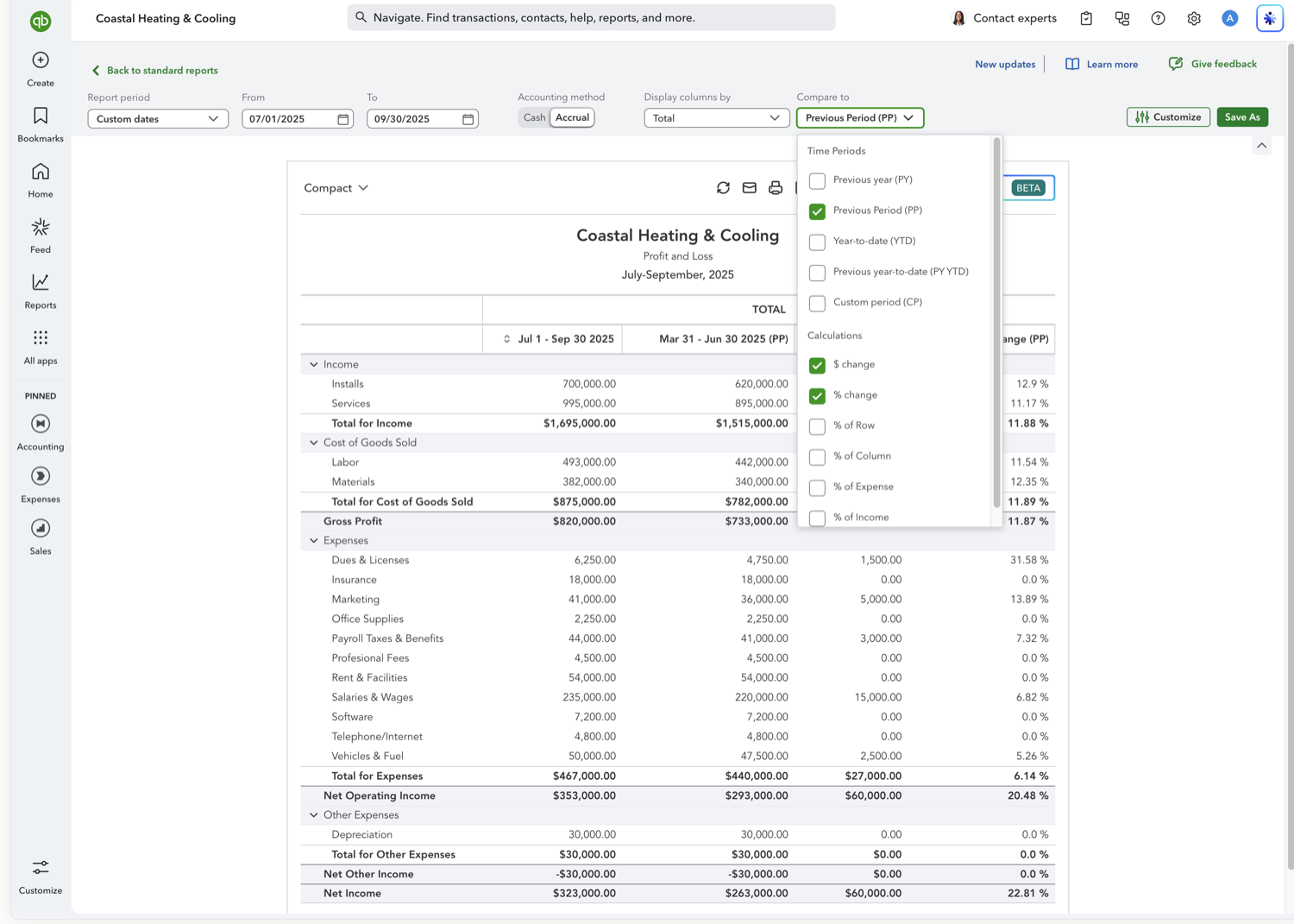 QuickBooks Online Compare to dropdown with Previous Period enabled