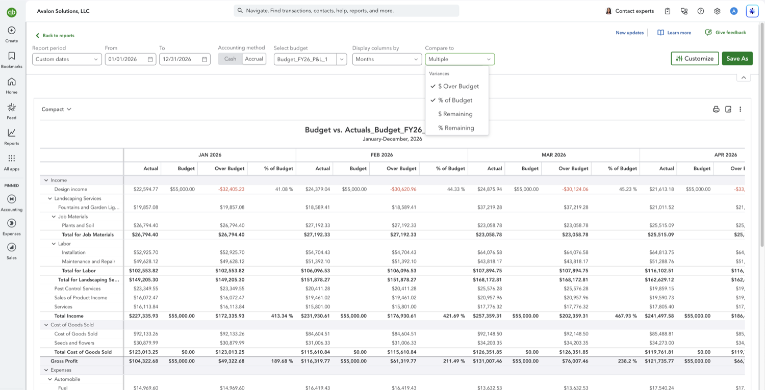 Compare to dropdown open on a QuickBooks Online Budget vs. Actuals report showing the Variances options