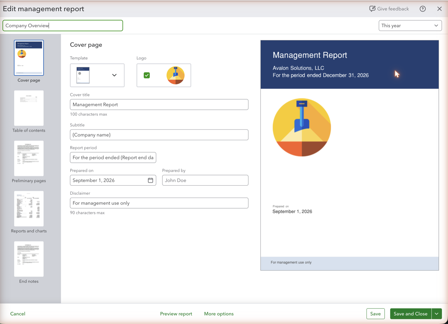 QuickBooks Online management report cover page editor with logo and title fields