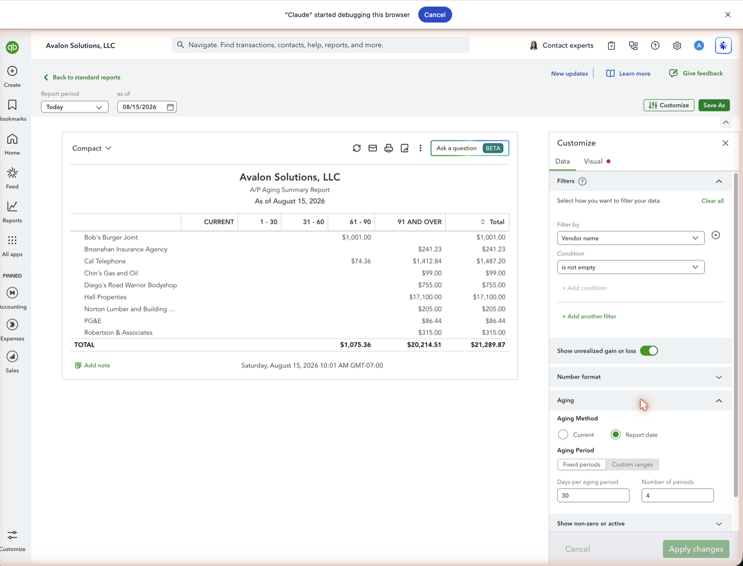 QuickBooks Online aging report Customize panel with aging method, days per period, and number of periods