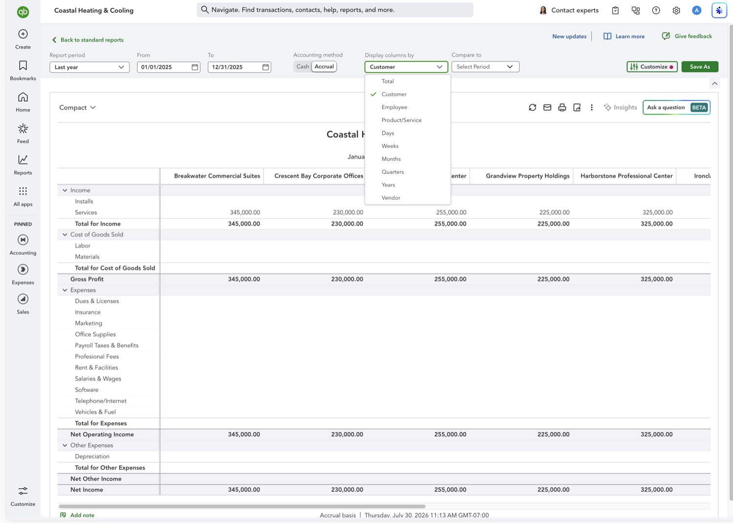 QuickBooks Online report toolbar with Display columns by set to Customer