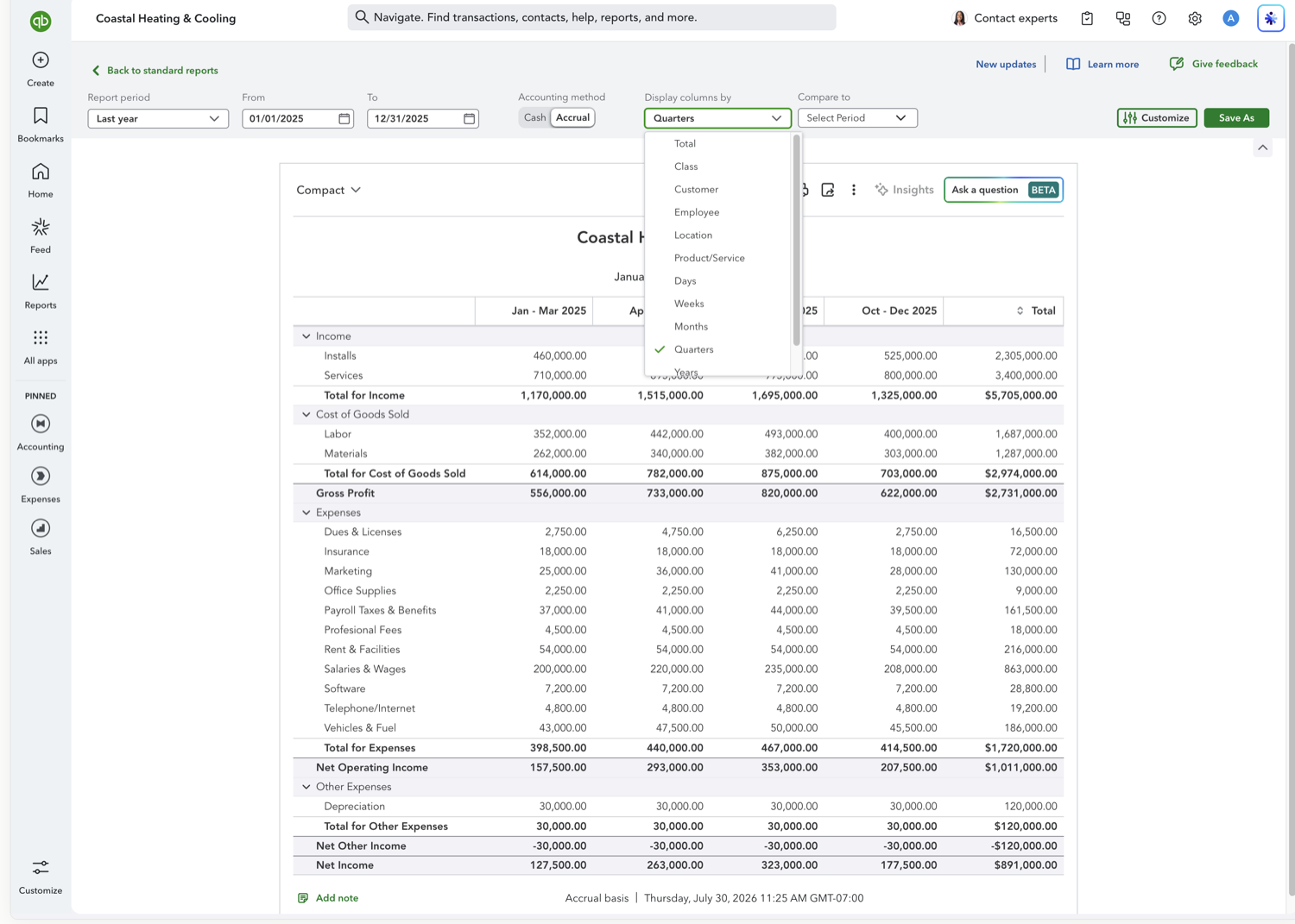 QuickBooks Online report toolbar with Display columns by set to Quarters