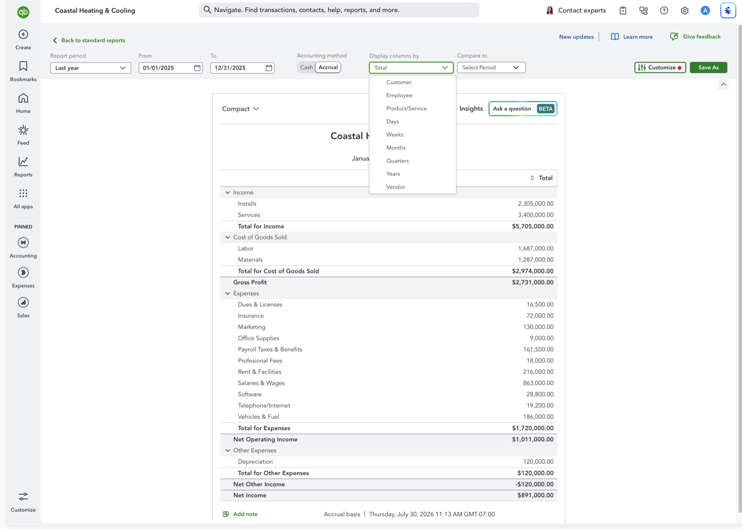 QuickBooks Online report toolbar with Display columns by set to Months