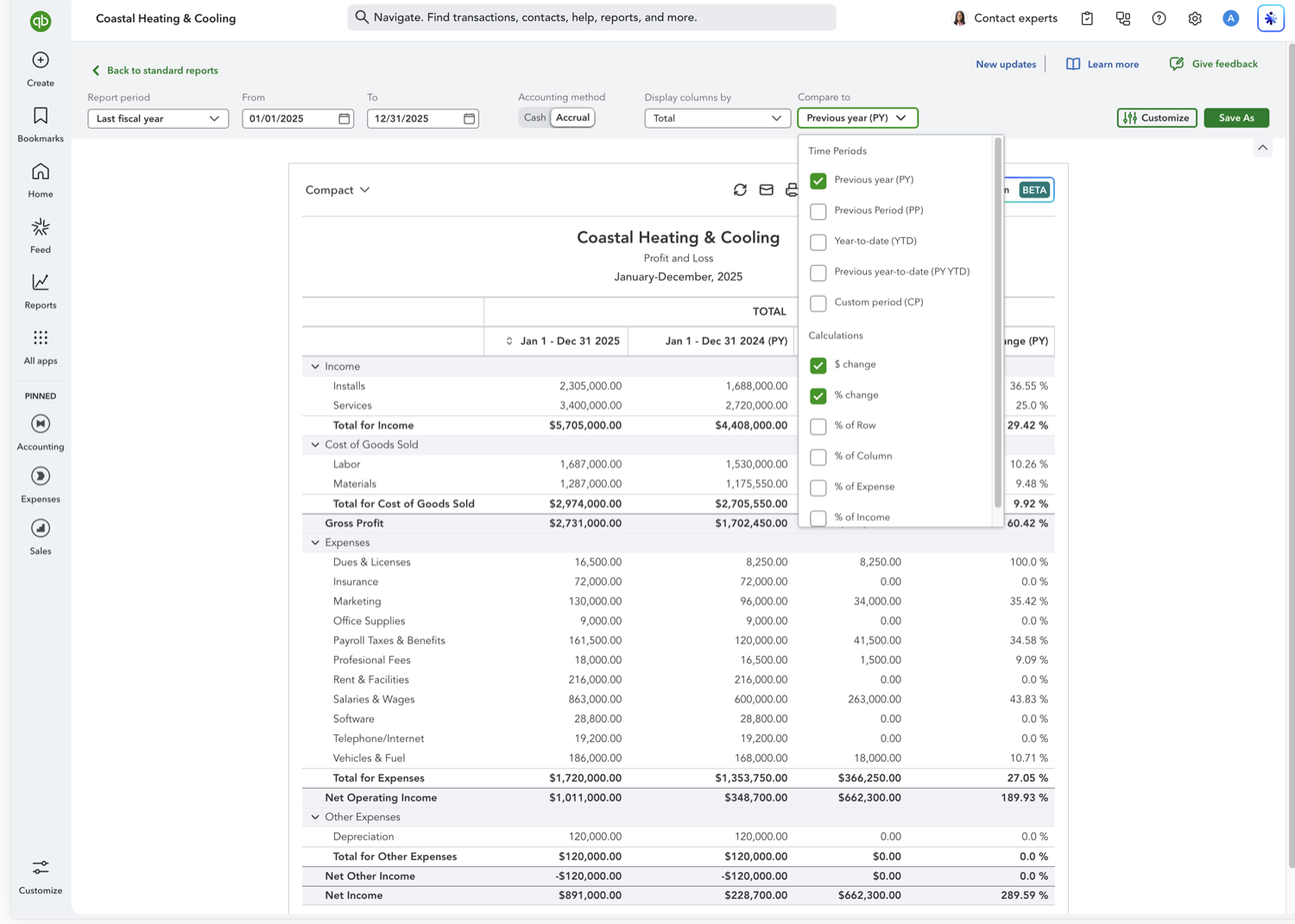 QuickBooks Online Compare to dropdown with Previous year comparison enabled