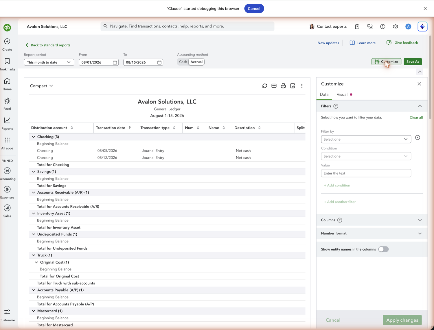 QuickBooks Online General Ledger Customize panel with account and column filters