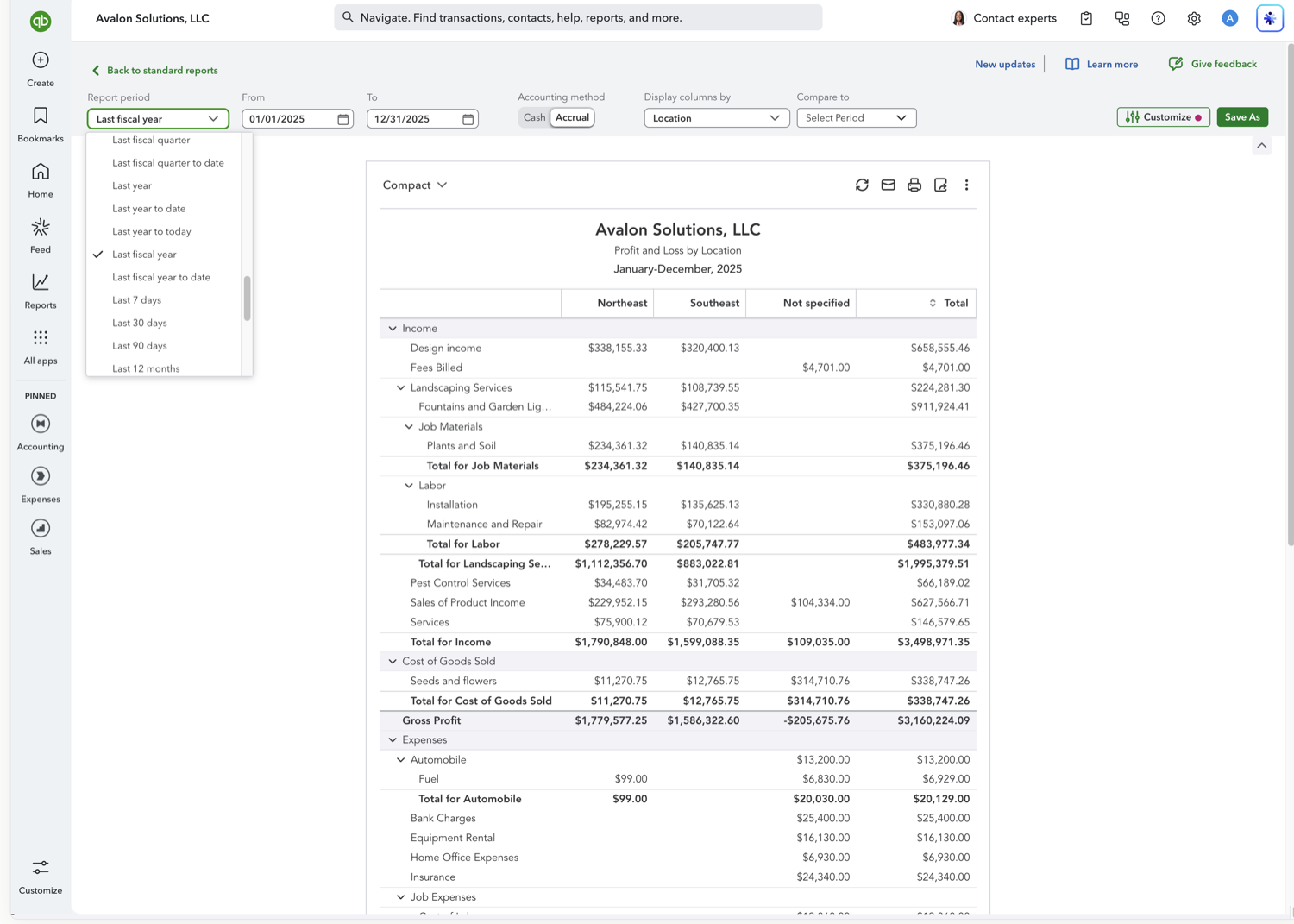 QuickBooks Online date range selector