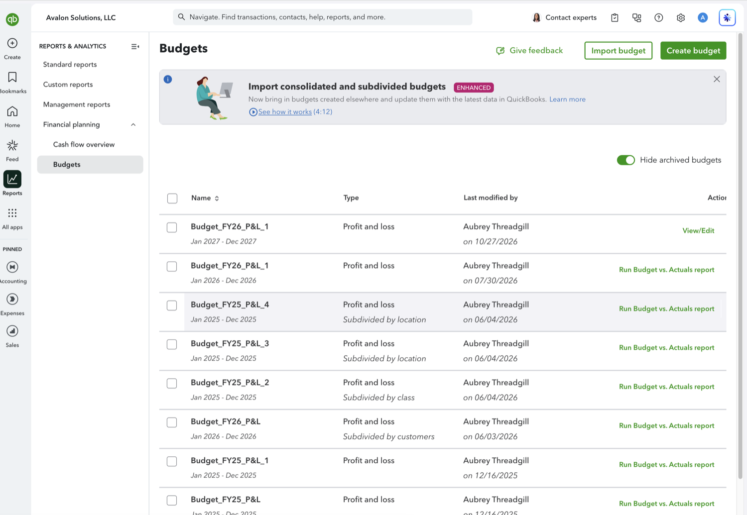 QuickBooks Online Budgets list showing the duplicated budget with the new fiscal year and the original name