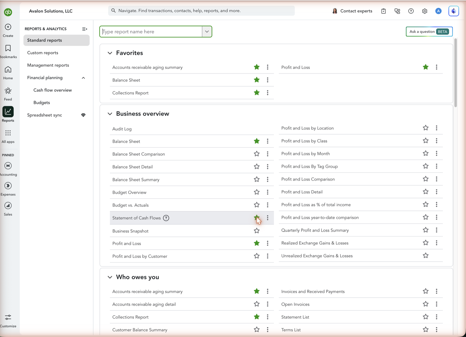 QuickBooks Online reports list with the star icon marking a report as a favorite