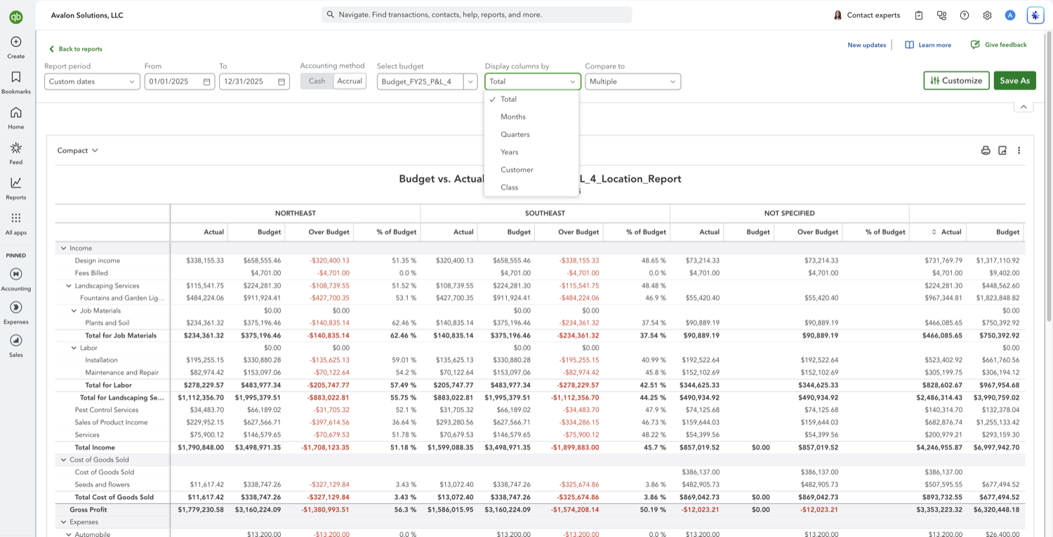 Display columns by dropdown in QuickBooks Online showing Total, Months, Quarters, Years, Customer and Class, with no Location option