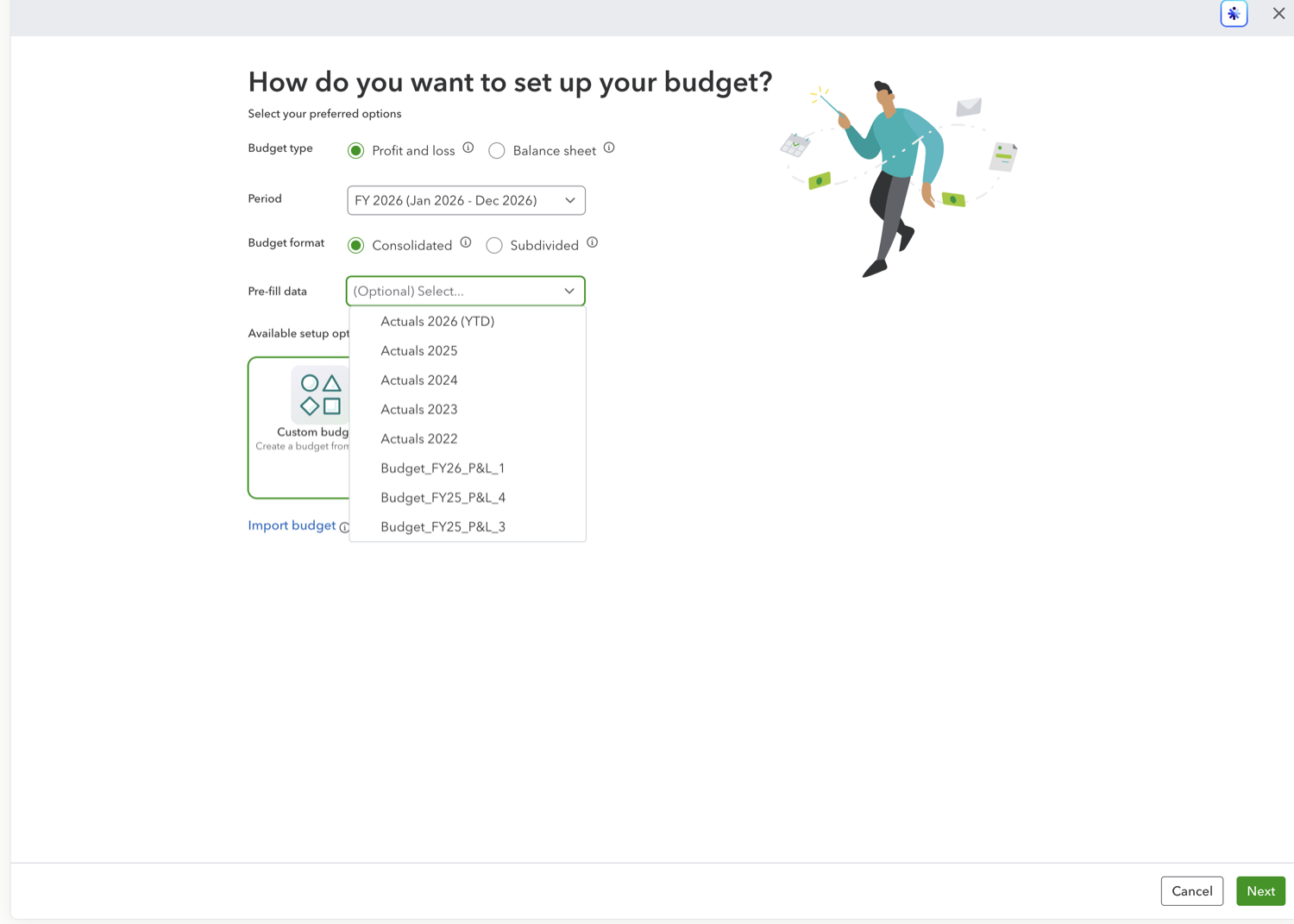 QuickBooks Online budget Pre-fill data dropdown showing prior-year actuals options