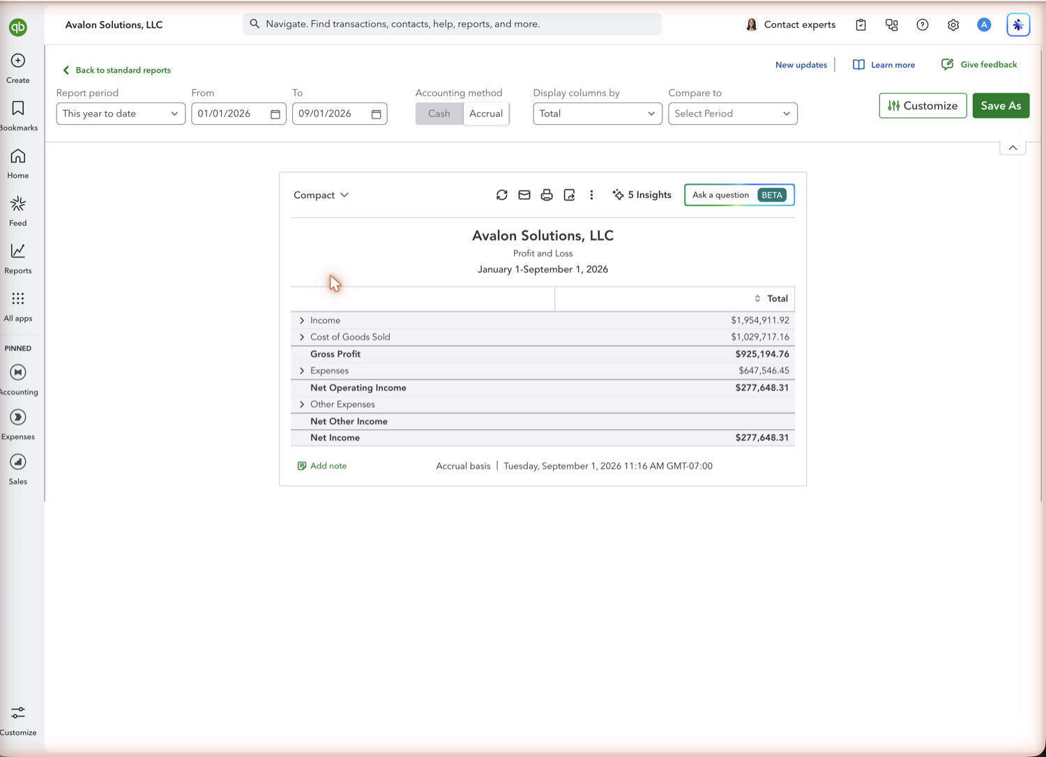 QuickBooks Online Profit and Loss showing income, cost of goods sold, gross profit, expenses, and net income