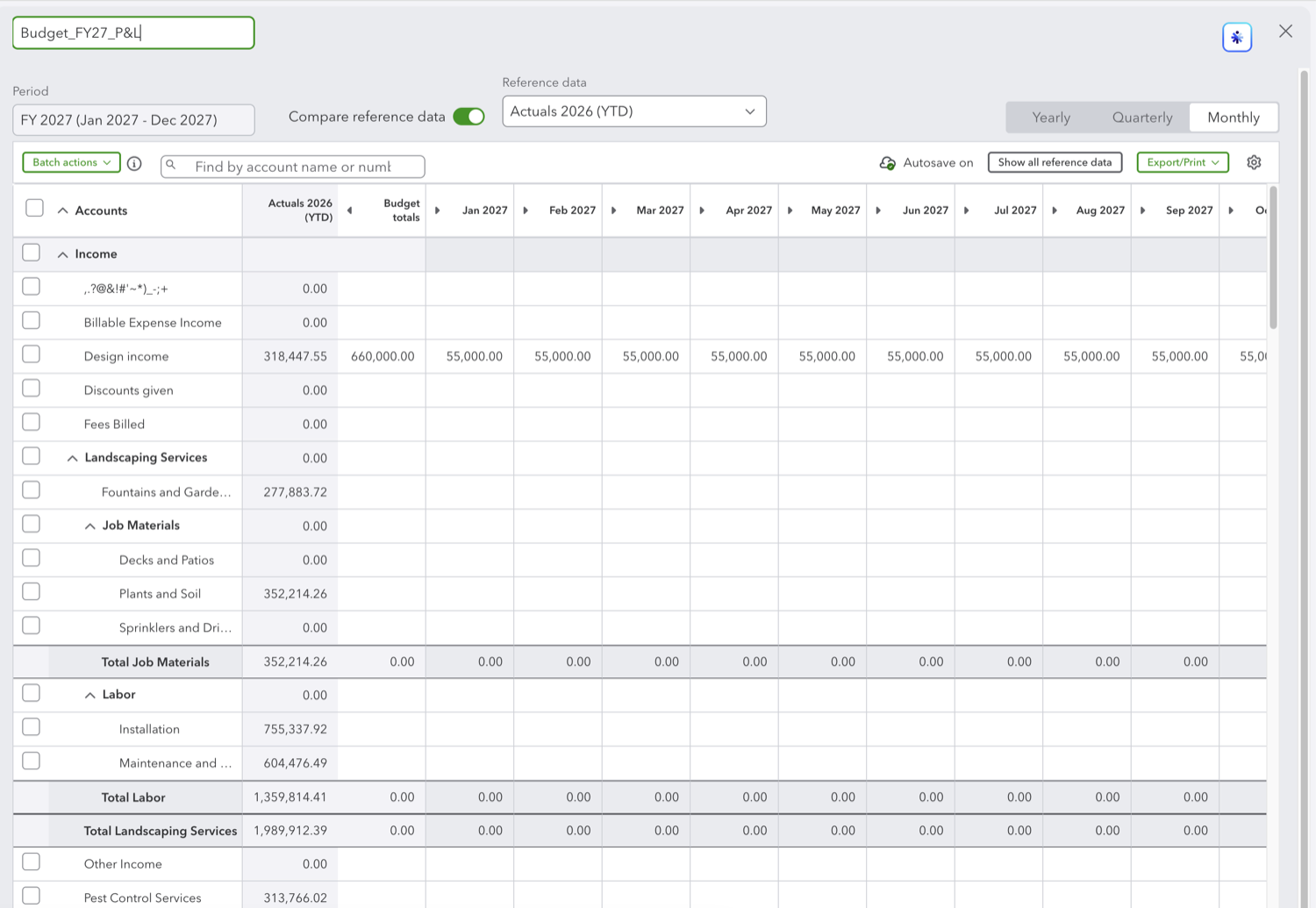 QuickBooks Online budget editor with the name field open for renaming and a reference data column shown