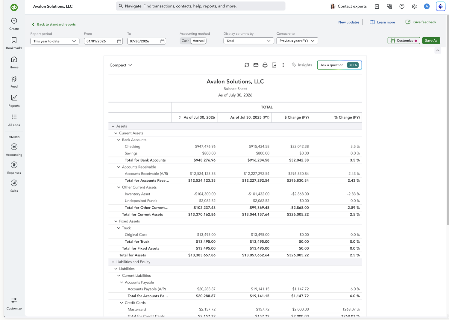 QuickBooks Online Balance Sheet with current, prior-year, $ Change, and % Change columns