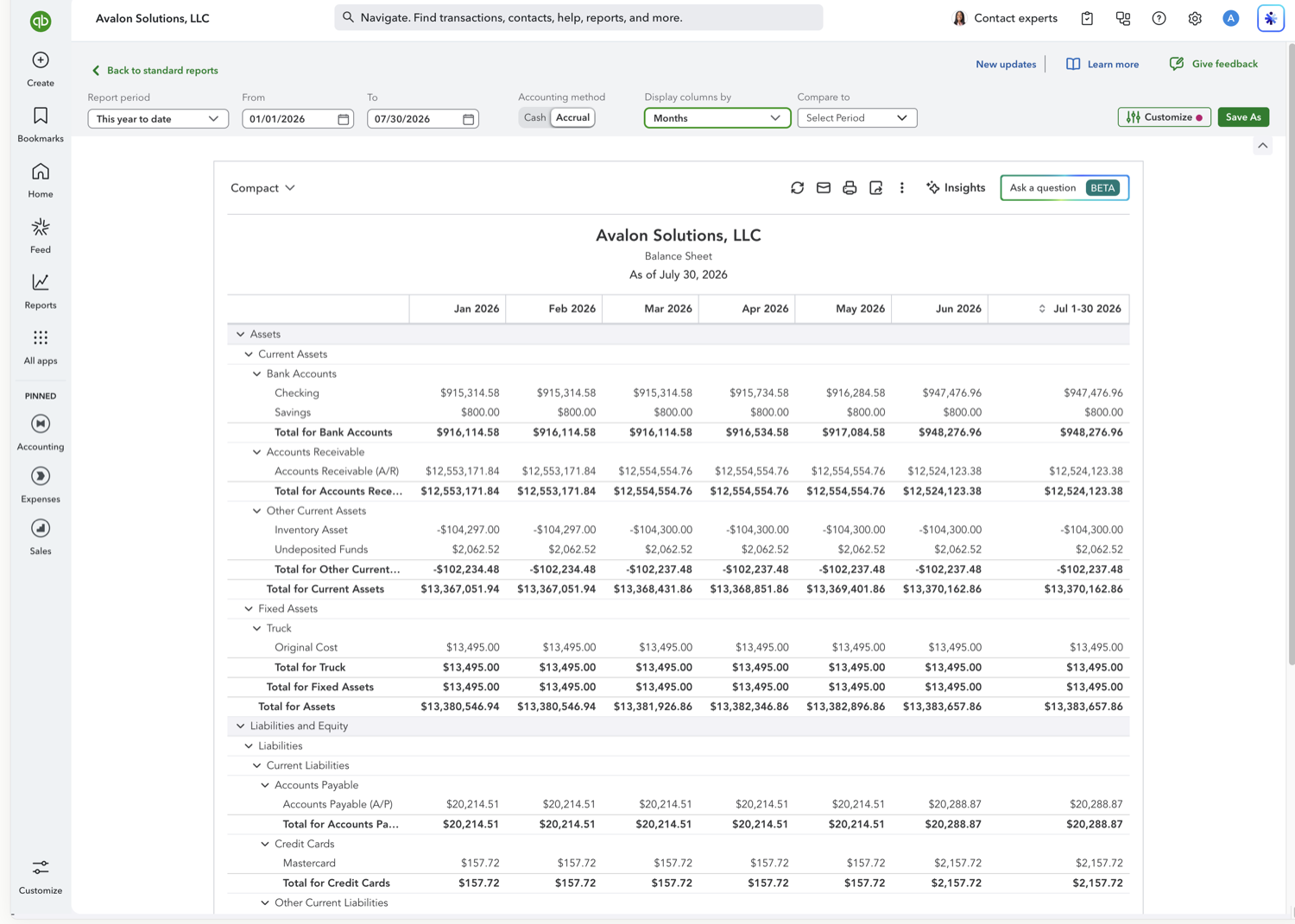 QuickBooks Online Balance Sheet with one column per month from January through the current month