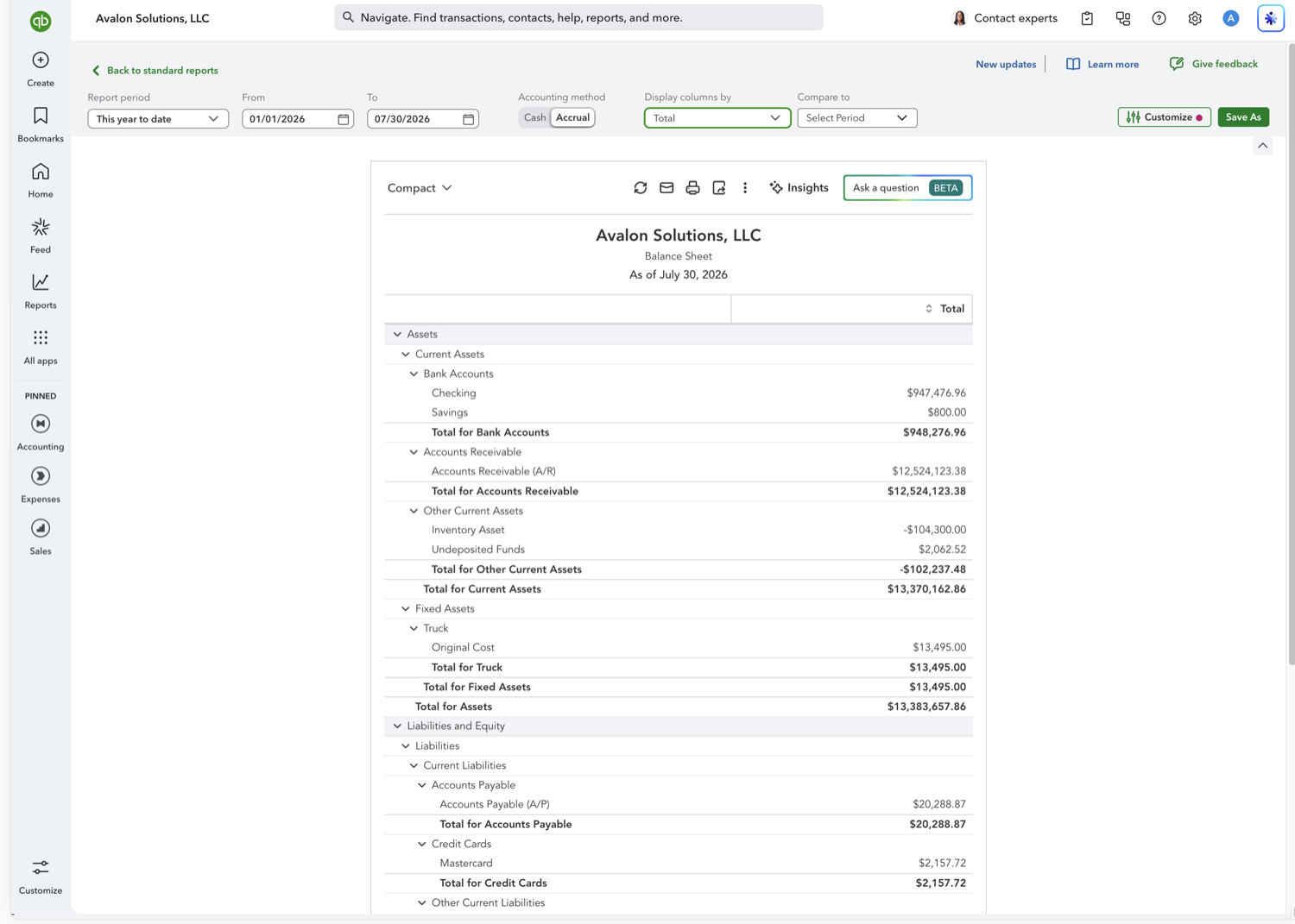 QuickBooks Online Balance Sheet showing Assets, Liabilities, and Equity with a single Total column