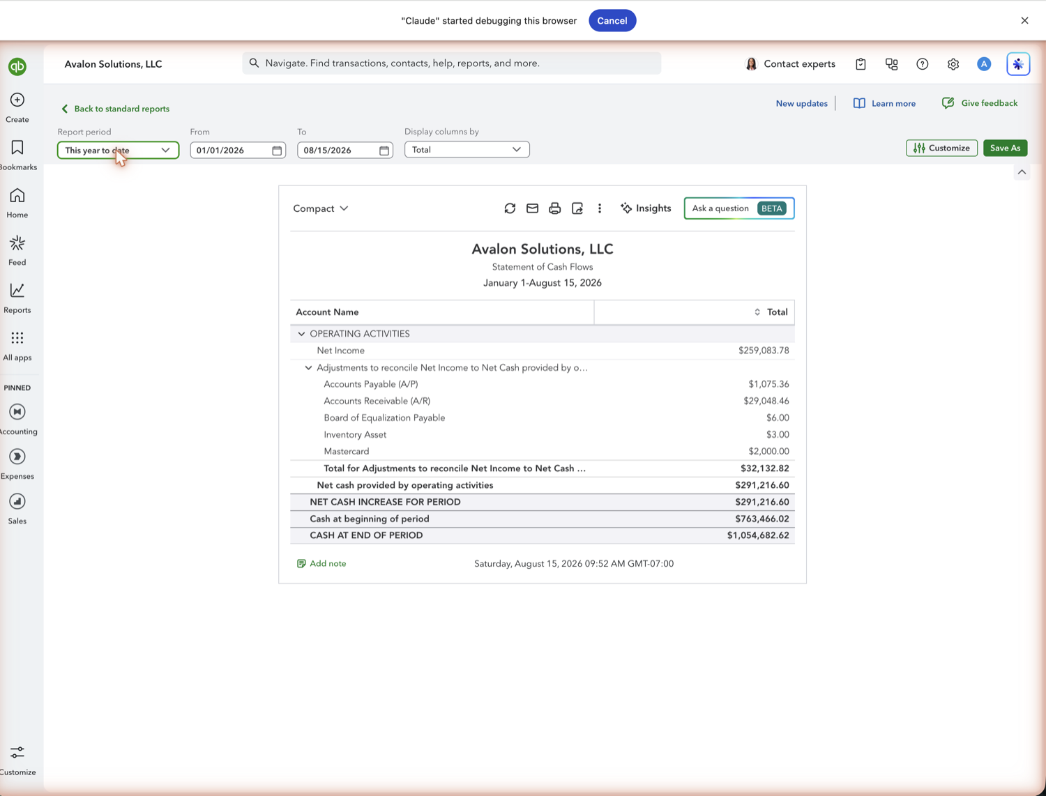 QuickBooks Online Statement of Cash Flows showing operating, investing, and financing sections with a net change in cash