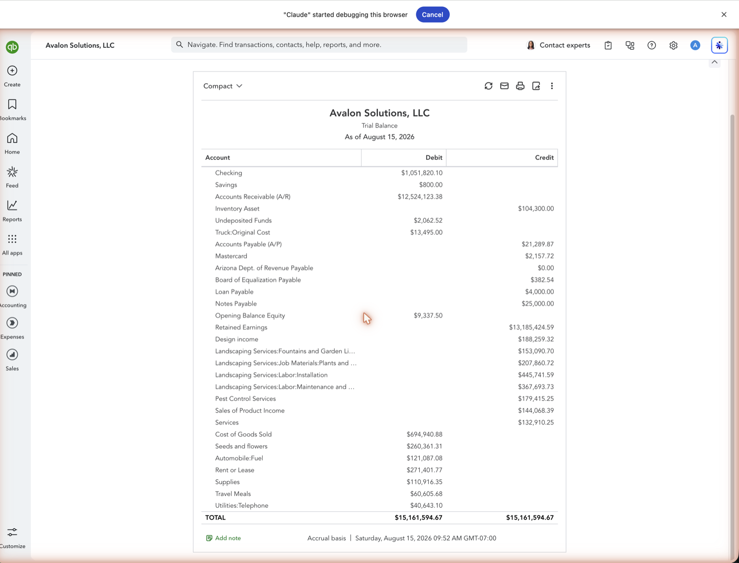 QuickBooks Online Trial Balance showing Debit and Credit columns with matching totals