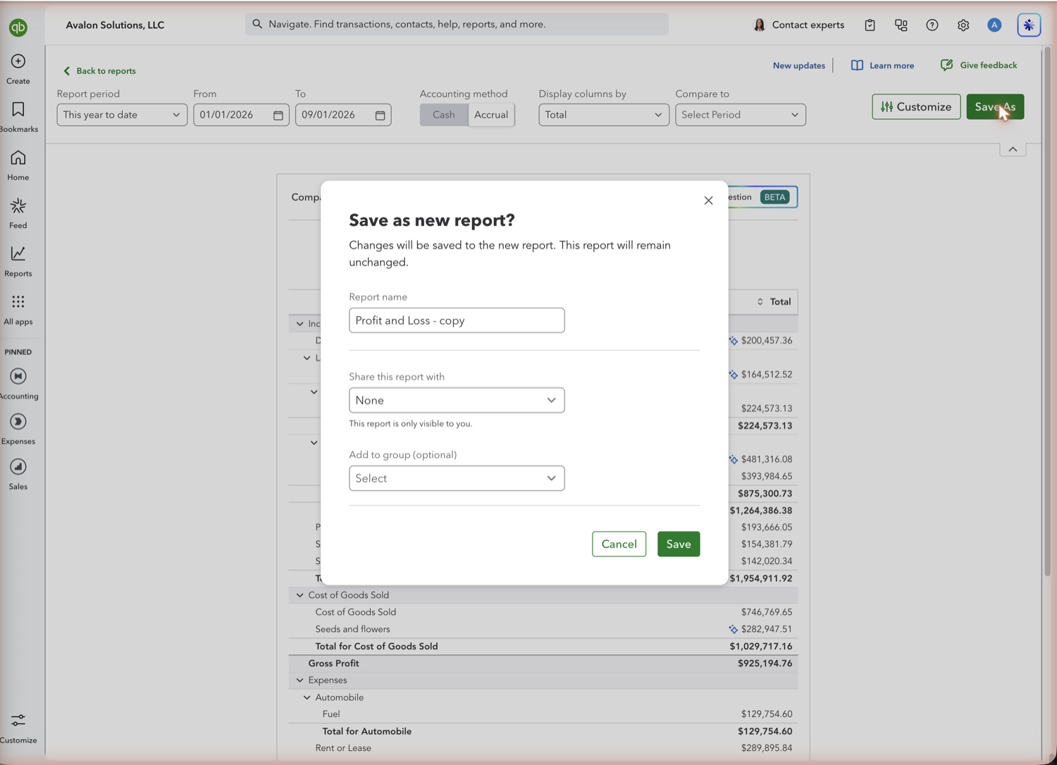 QuickBooks Online Save as new report dialog with report name, sharing, and group fields