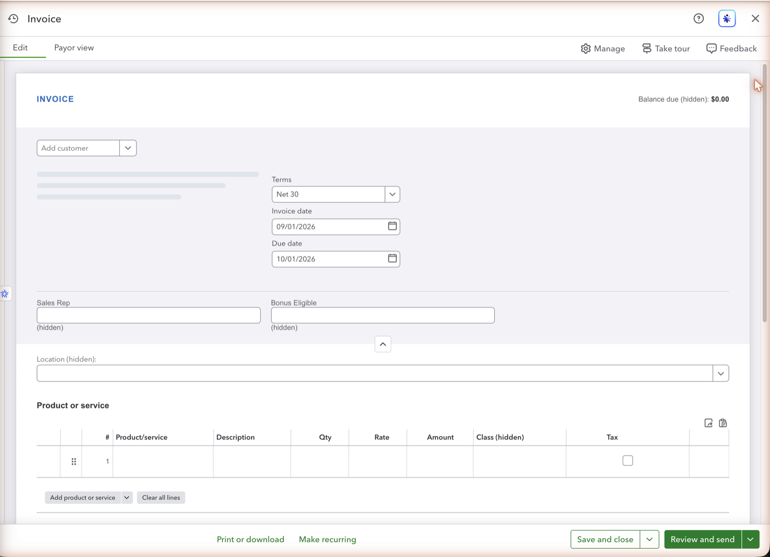 QuickBooks Online invoice with the Class field visible on a line item