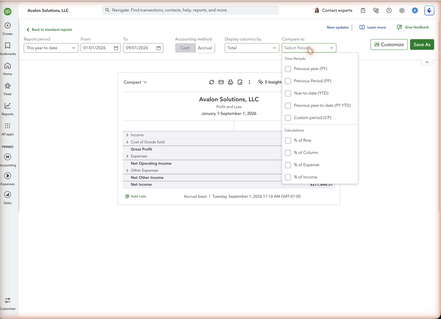 QuickBooks Online Profit and Loss Compare to dropdown showing the time period and calculation options