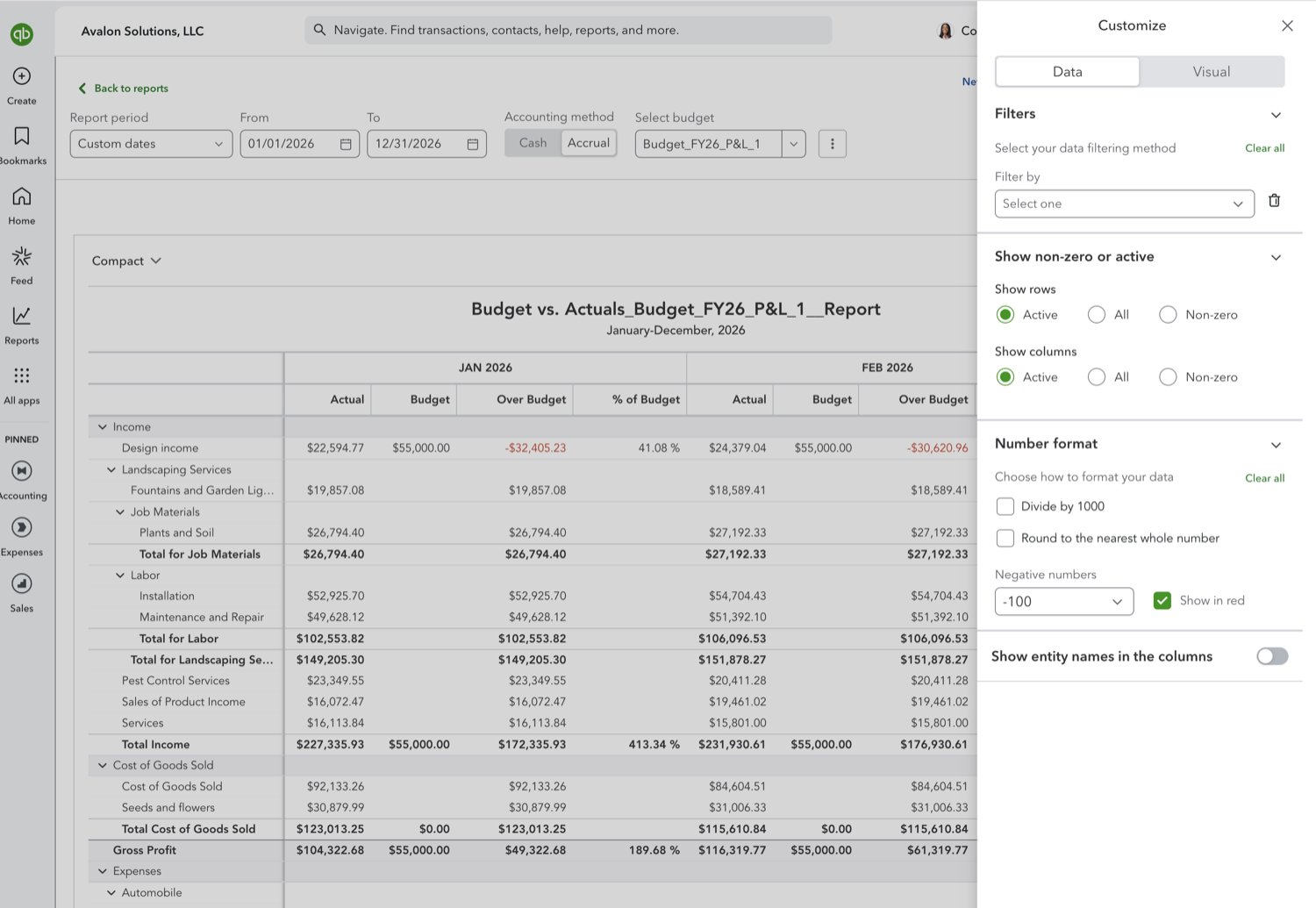 Customize panel in QuickBooks Online with row, column, and number format options for a Budget vs. Actuals report