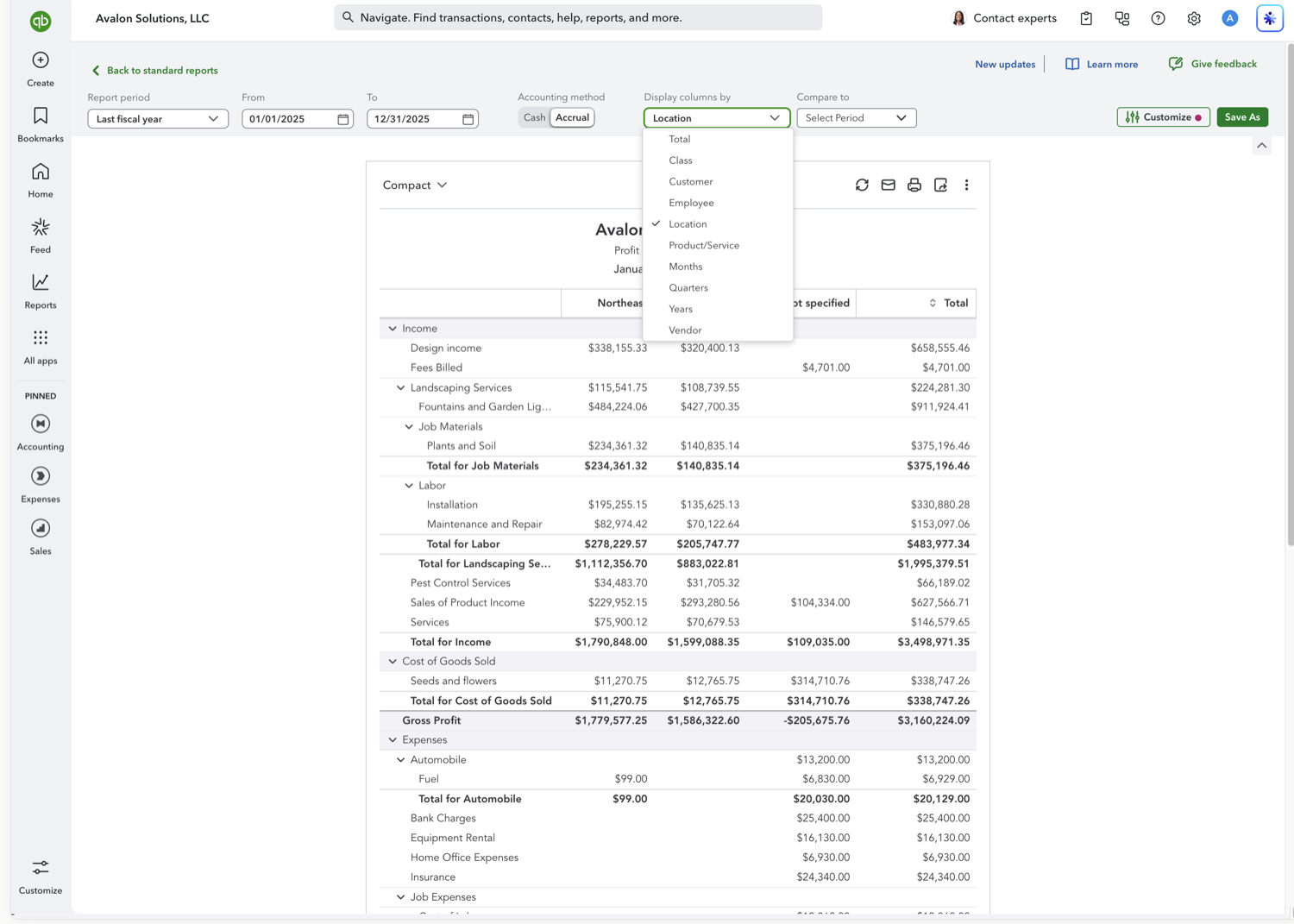 QuickBooks Online report toolbar with Display columns by set to Location