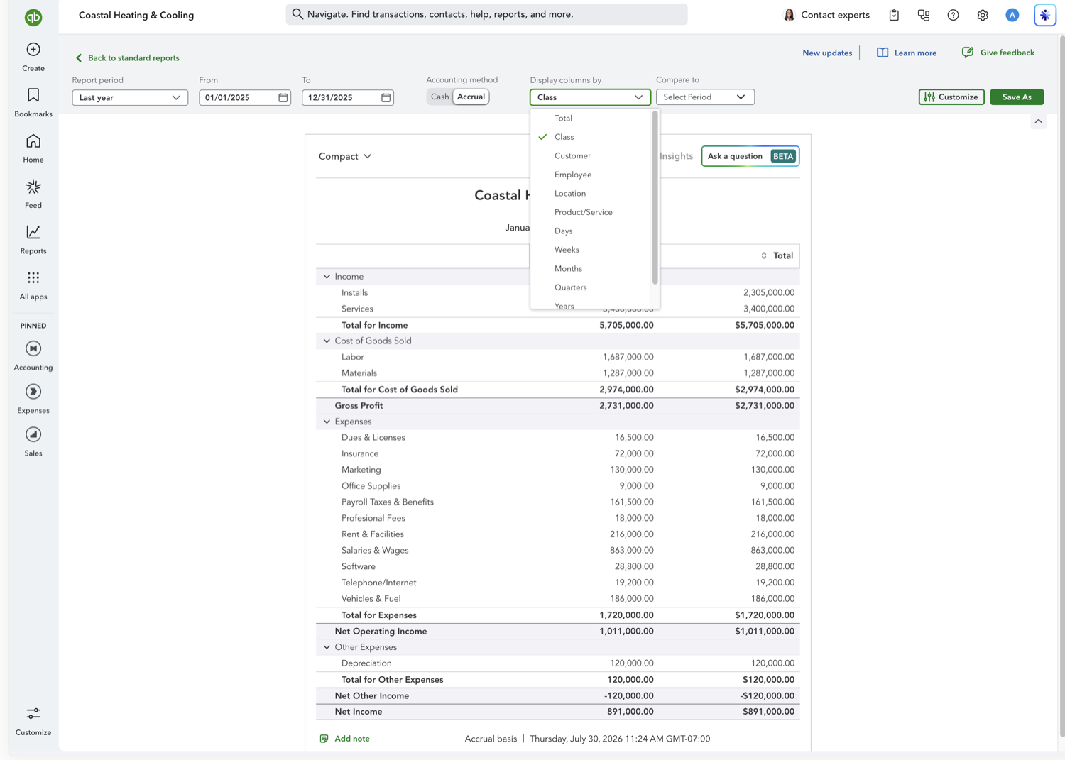 QuickBooks Online report toolbar with Display columns by set to Class