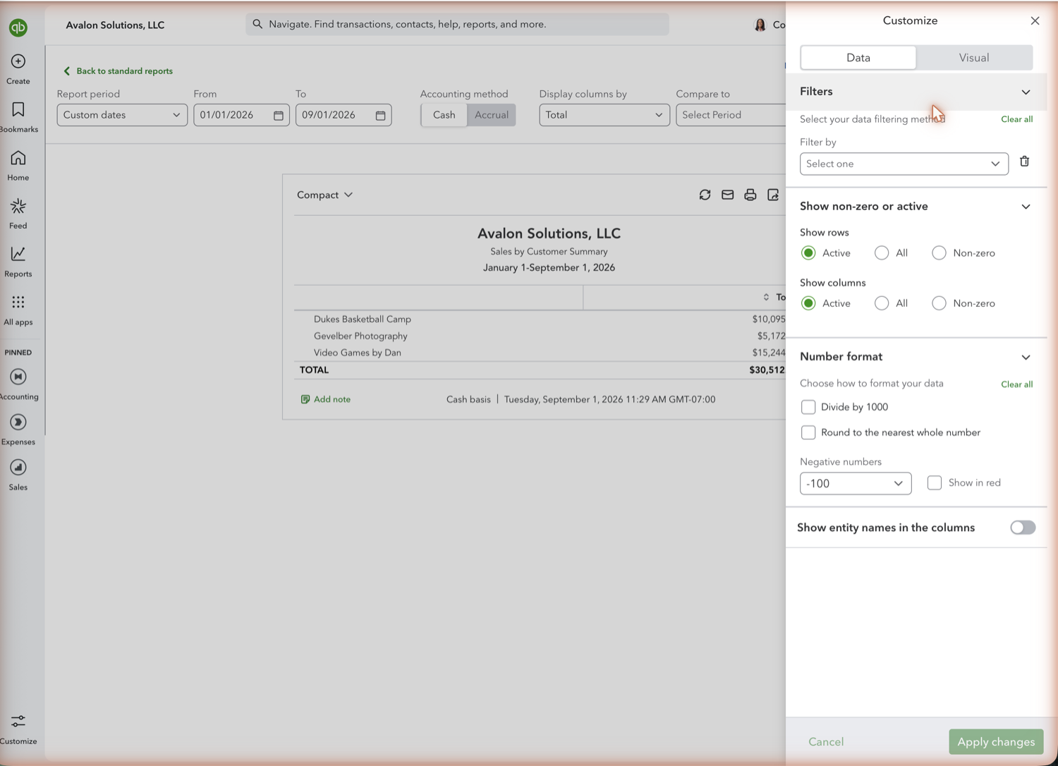 QuickBooks Online sales report Customize panel showing filters, row and column visibility, and number format