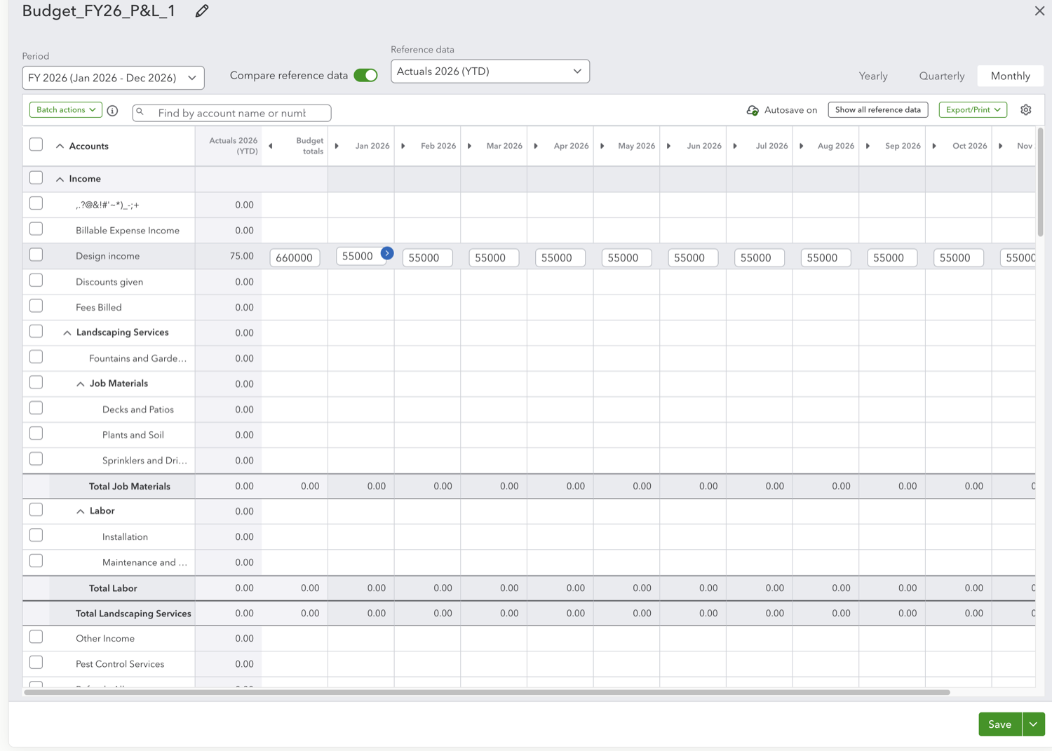 QuickBooks Online budget grid with amounts entered per account and period