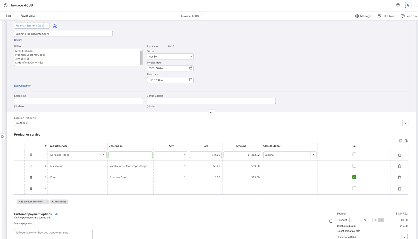 Invoice line items with a Product/service column and no Account field.
