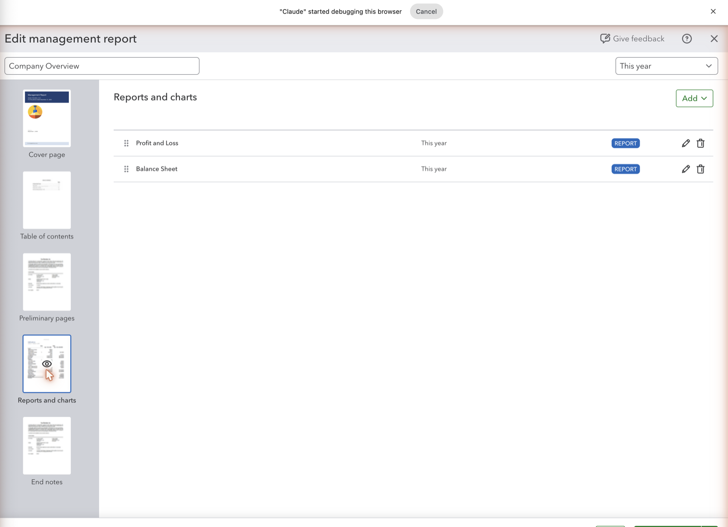 QuickBooks Online management report package with its list of included reports