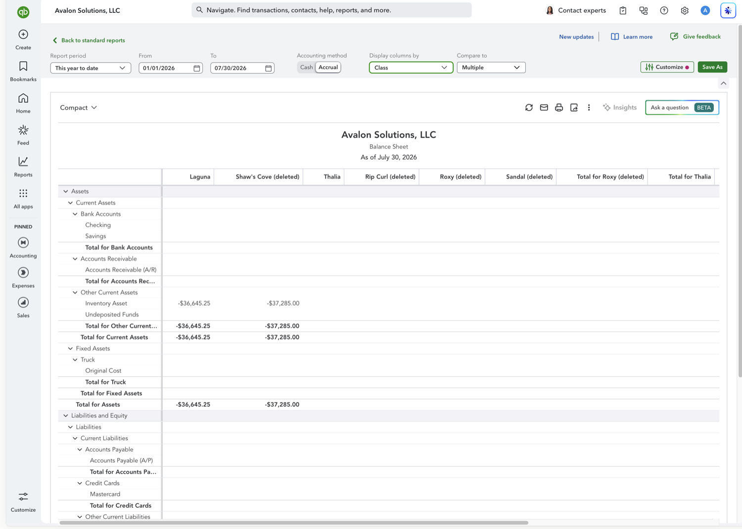 QuickBooks Online Balance Sheet split into columns by class