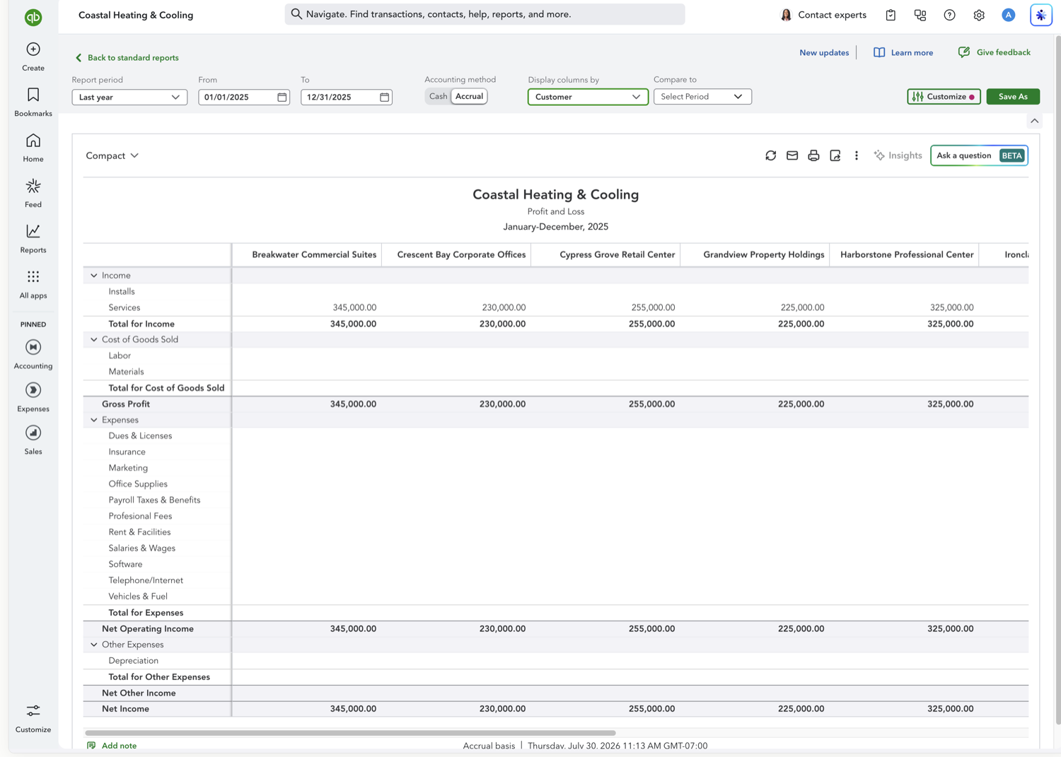 Profit and Loss report in QuickBooks Online with one column per customer