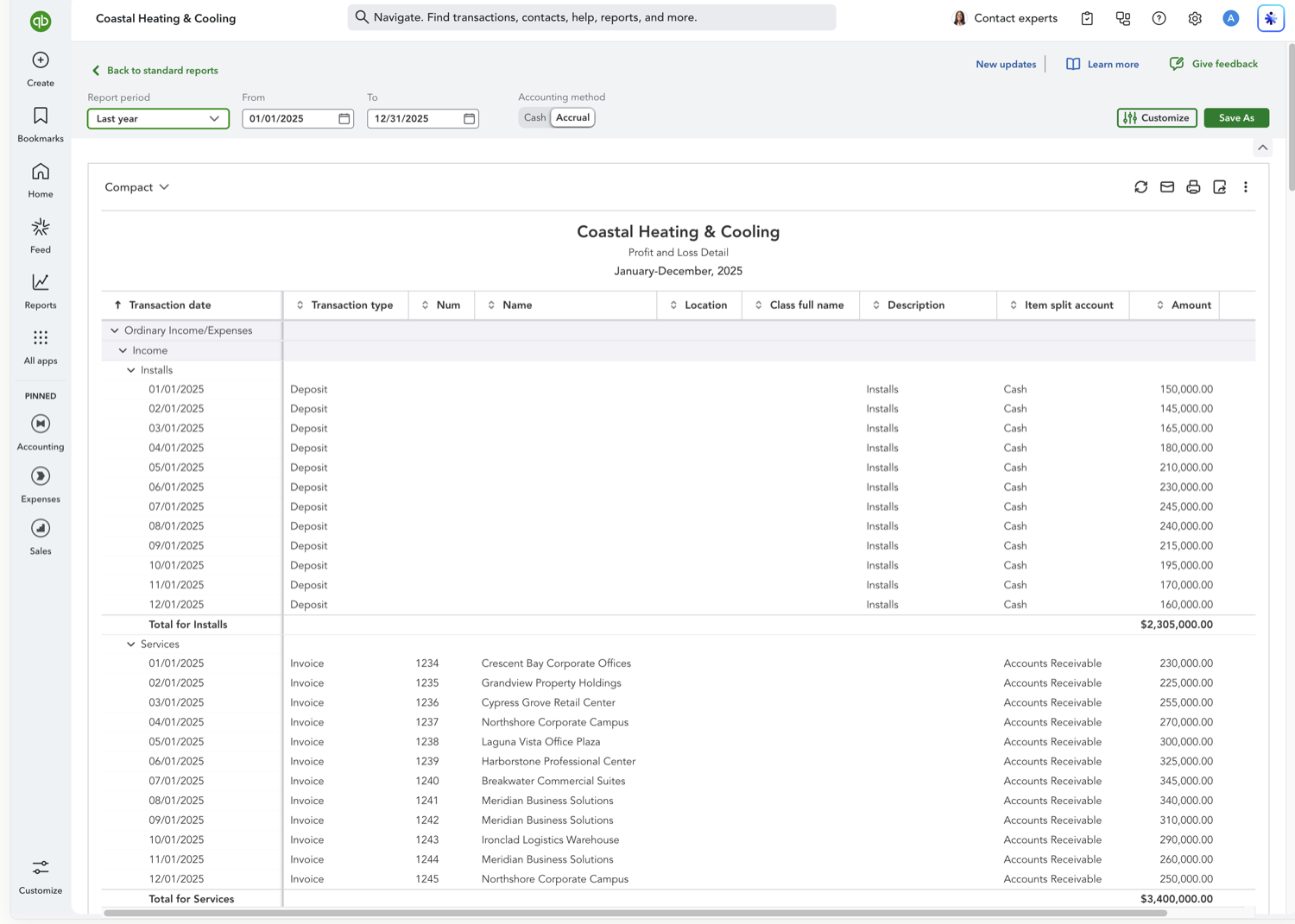 Profit and Loss Detail report in QuickBooks Online listing individual transactions