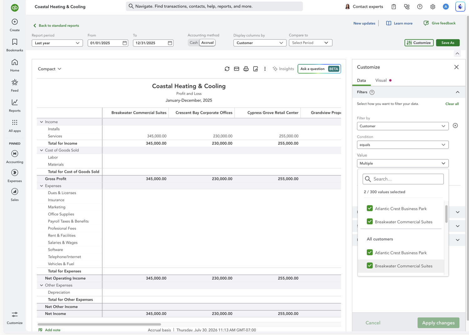 Customer filter in the QuickBooks Online Customize panel