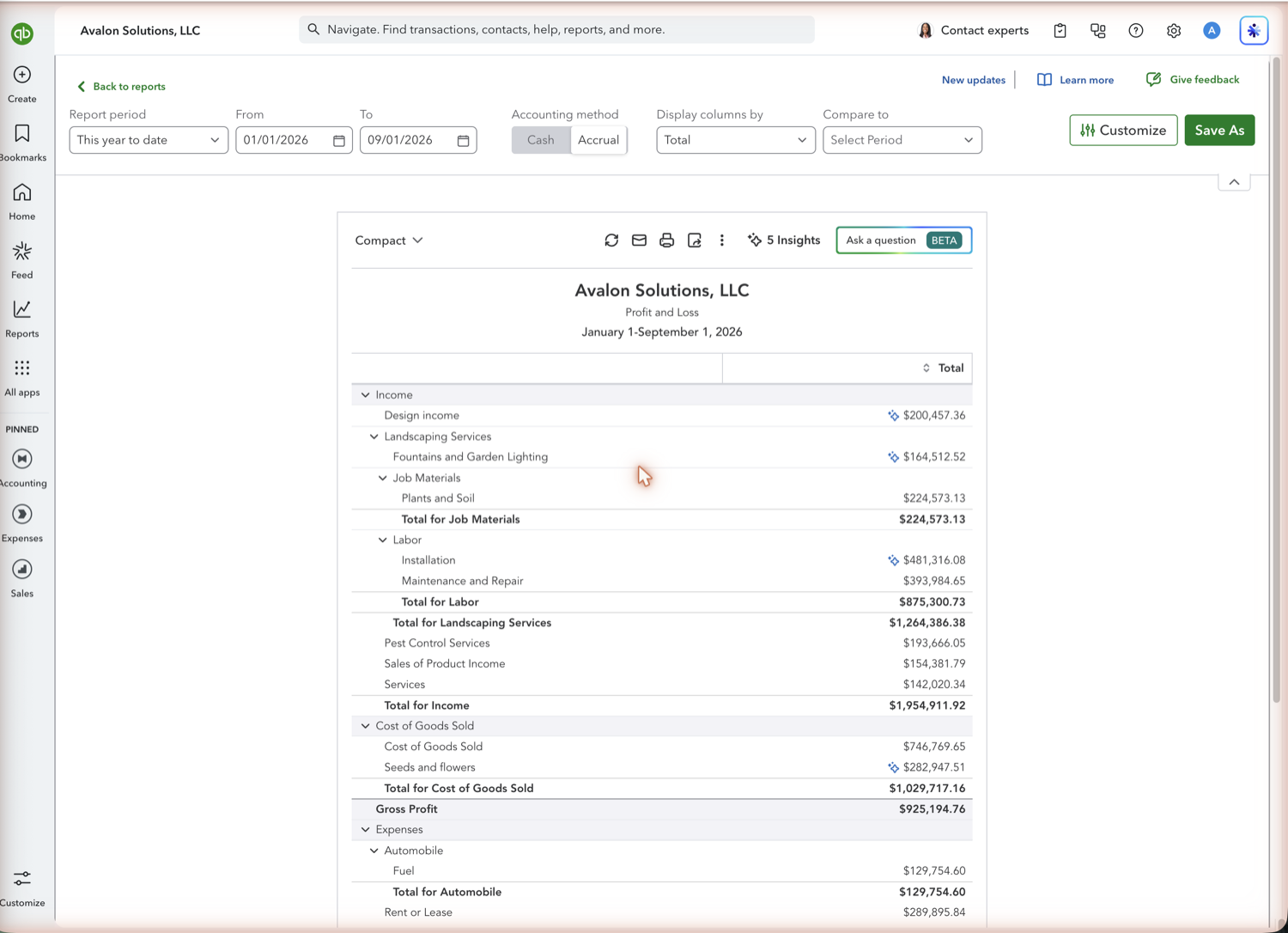 QuickBooks Online report showing the fixed row order that customization cannot change