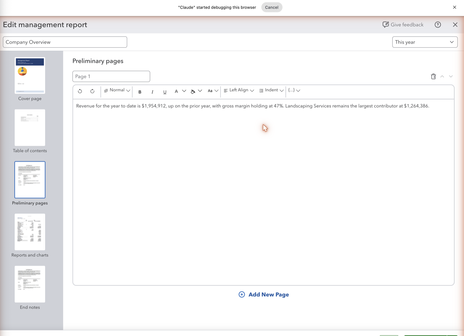 QuickBooks Online management report preliminary page with commentary text