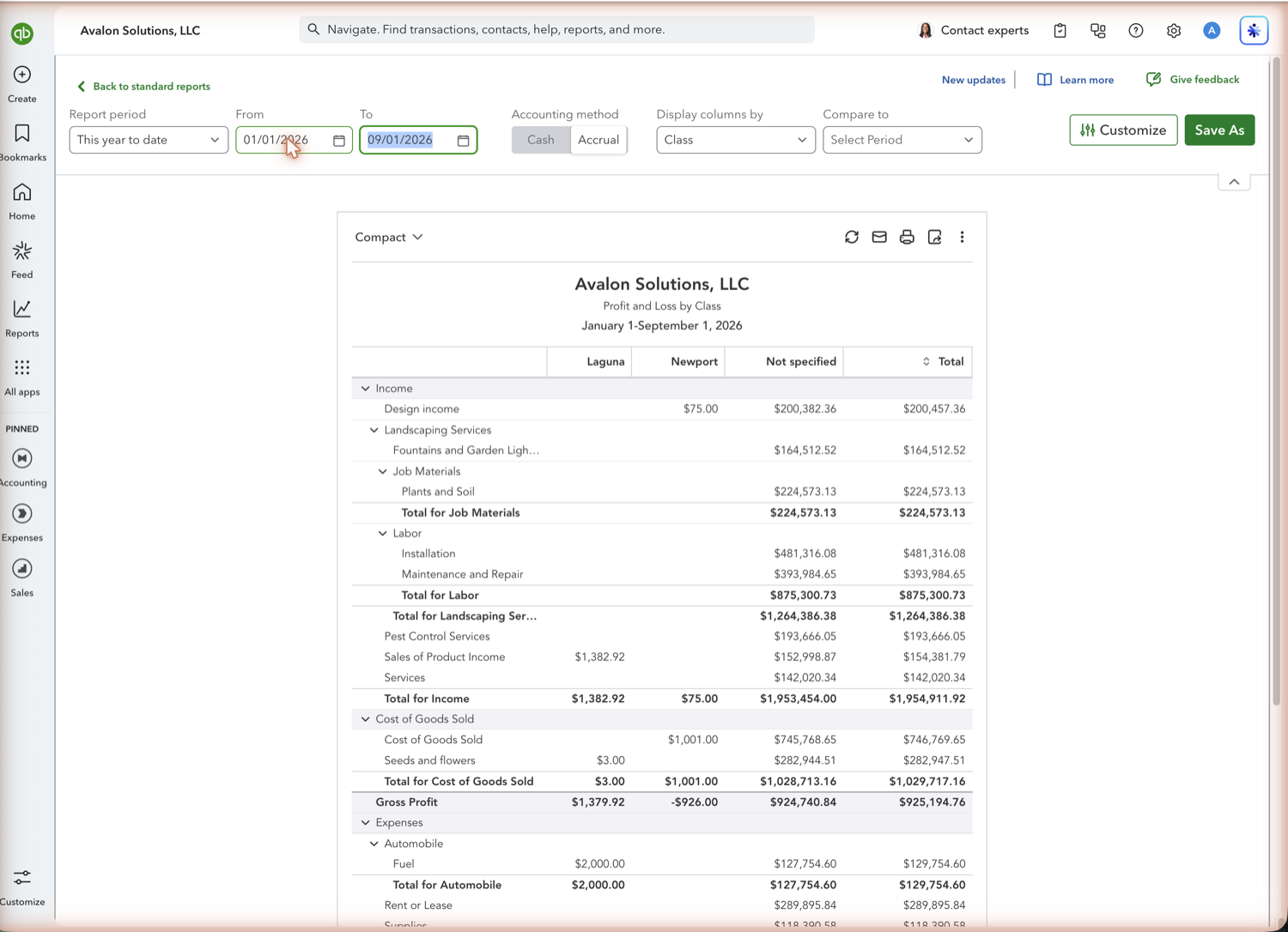 QuickBooks Online Profit and Loss by Class with a column per class