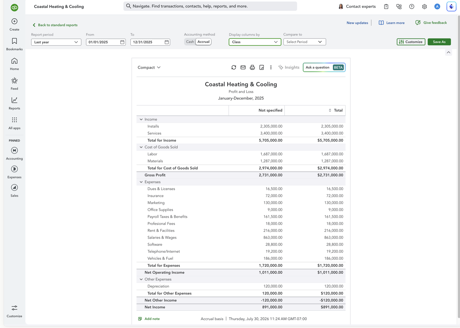 Profit and Loss report in QuickBooks Online with a Not specified class column