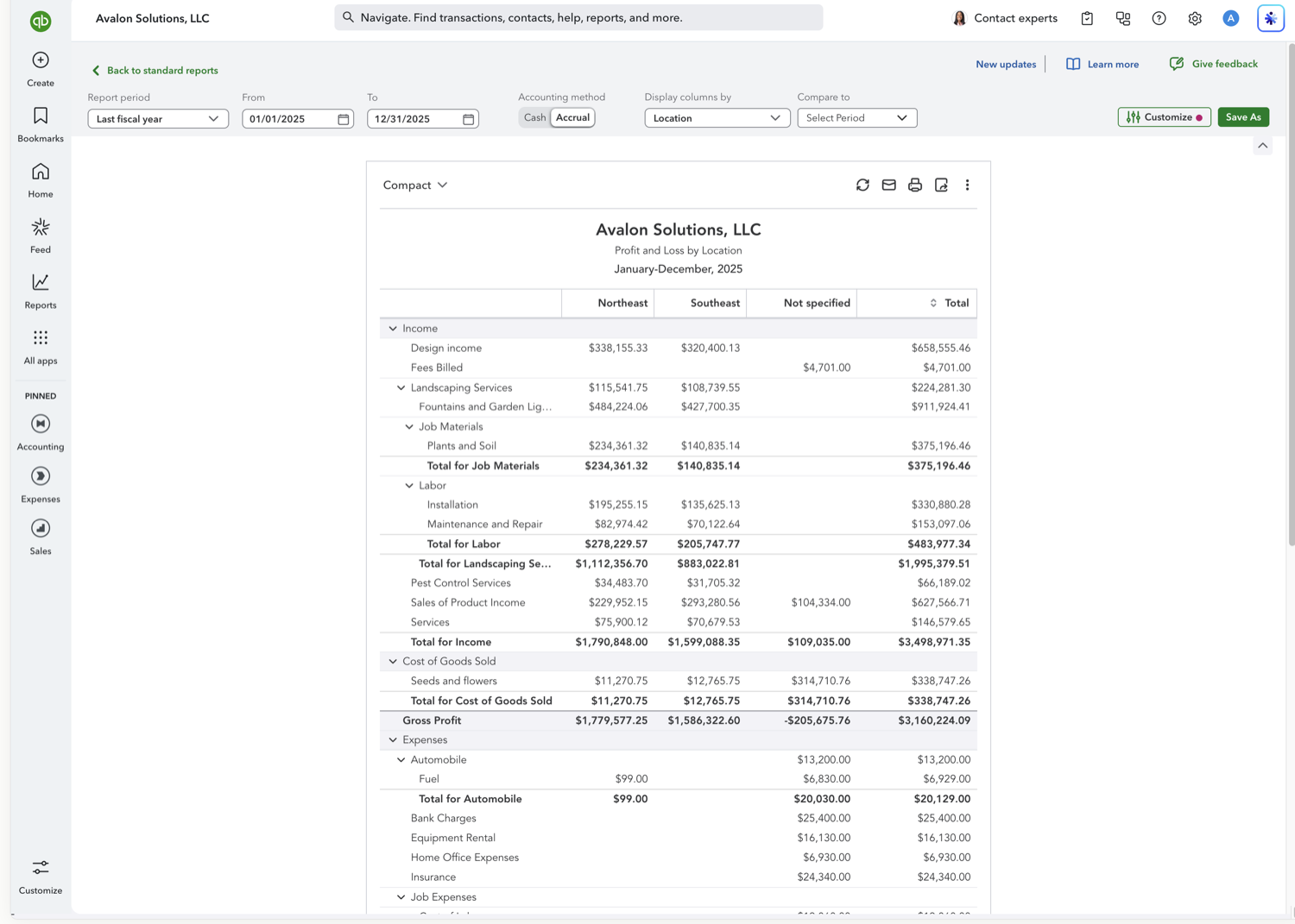 Profit and Loss report in QuickBooks Online with one column per location