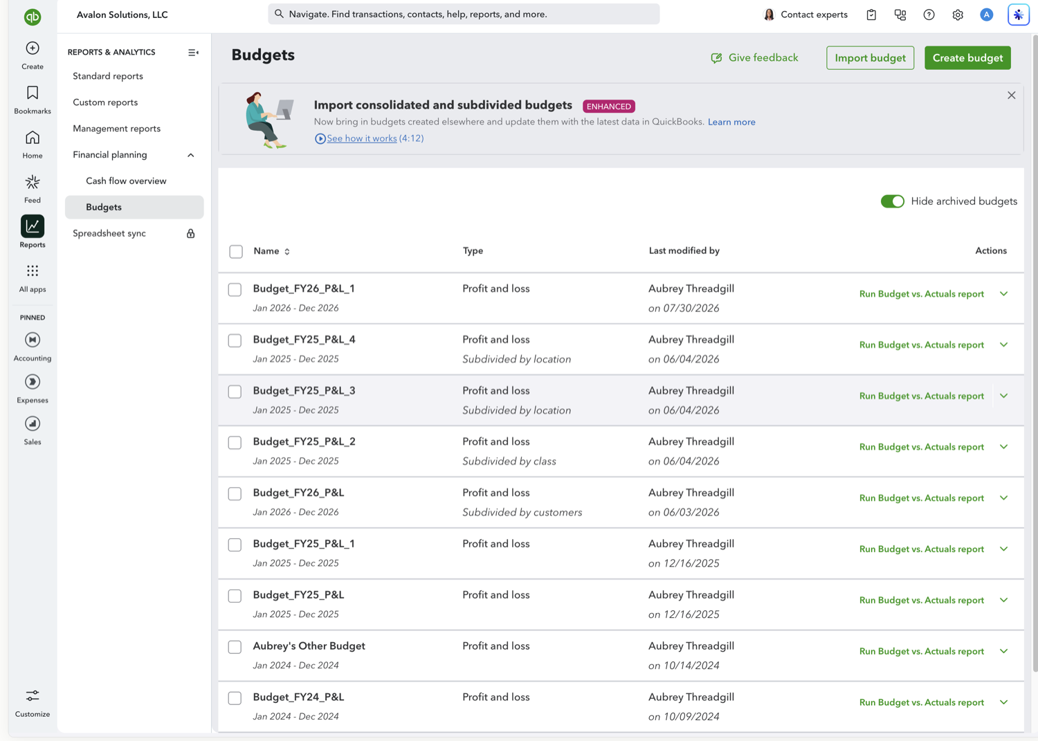 QuickBooks Online Budgets list showing the newly created budget