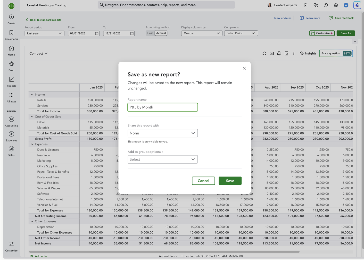Save as new report dialog in QuickBooks Online