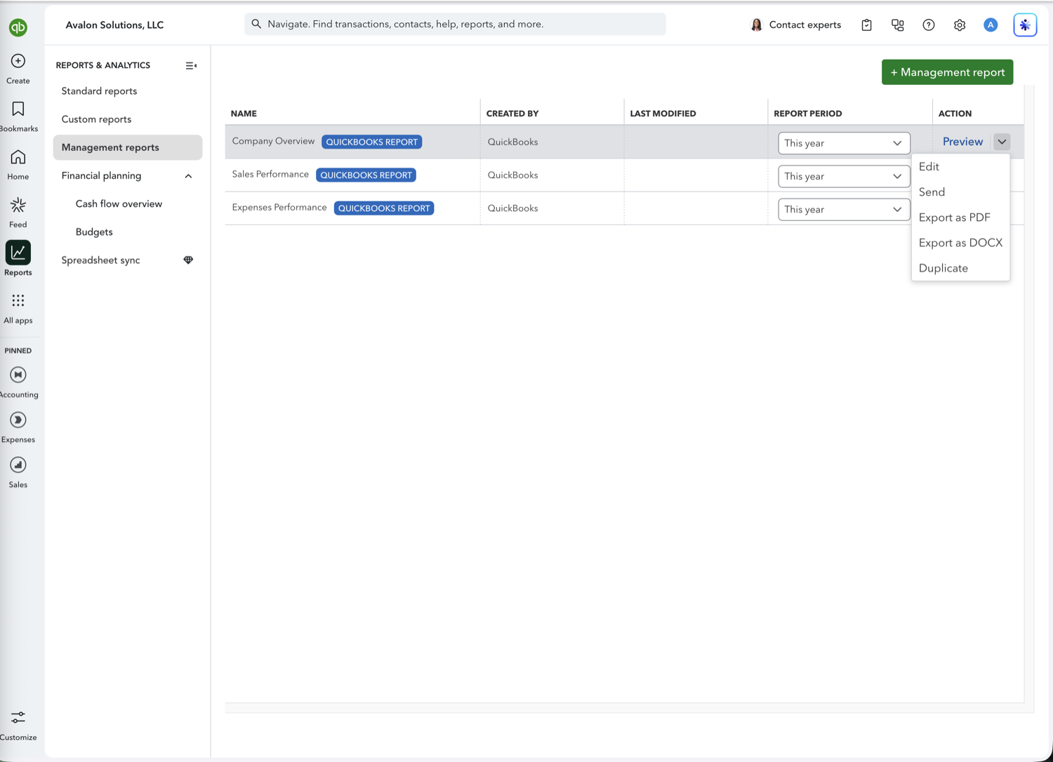 QuickBooks Online management report Action menu with Edit, Send, Export as PDF, Export as DOCX, and Duplicate